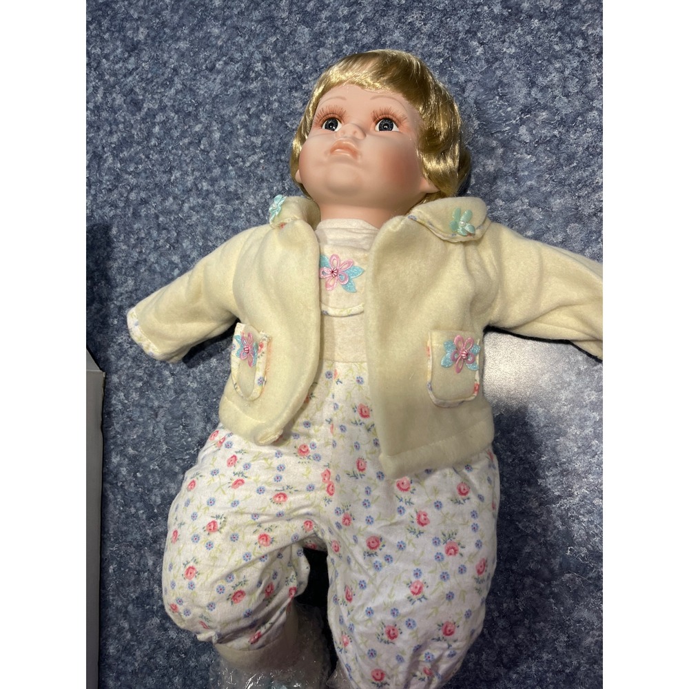 Vintage Porcelain Collector Doll 20 Inch Blonde Hair Blue Eyes Floral Outfit